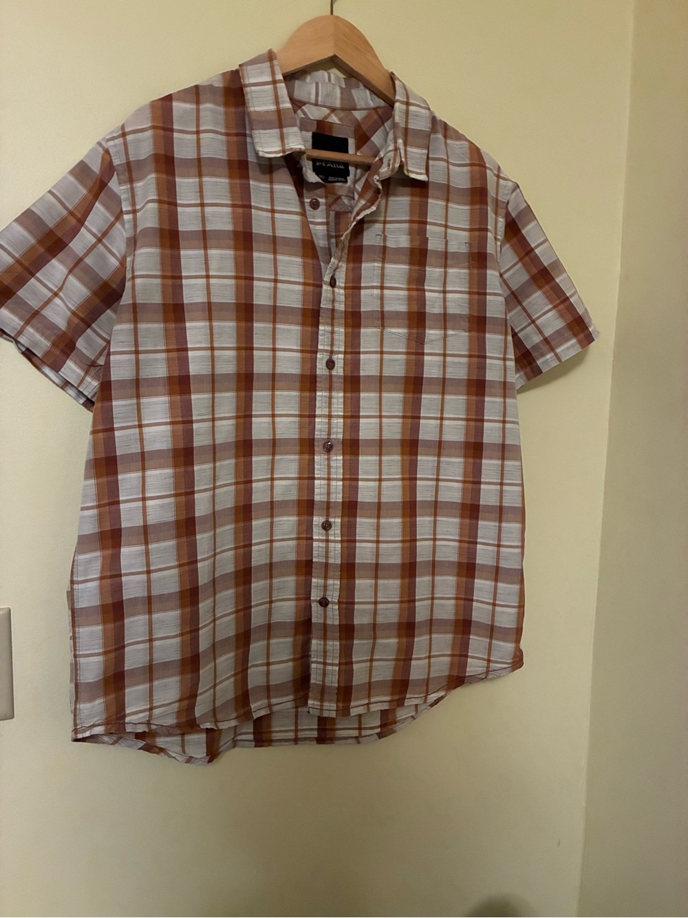 Prana Men's Short-Sleeve Plaid Button-Down Shirt in Brown and White